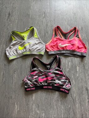 Nike Pro Girls Sports Bras - Gray/Neon Yellow, Pink, Black/Pink Camo